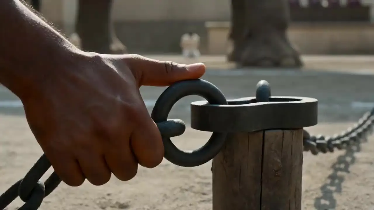 A hand gripping a shackle in an arena, war elephants and a kneeling figure beyond
