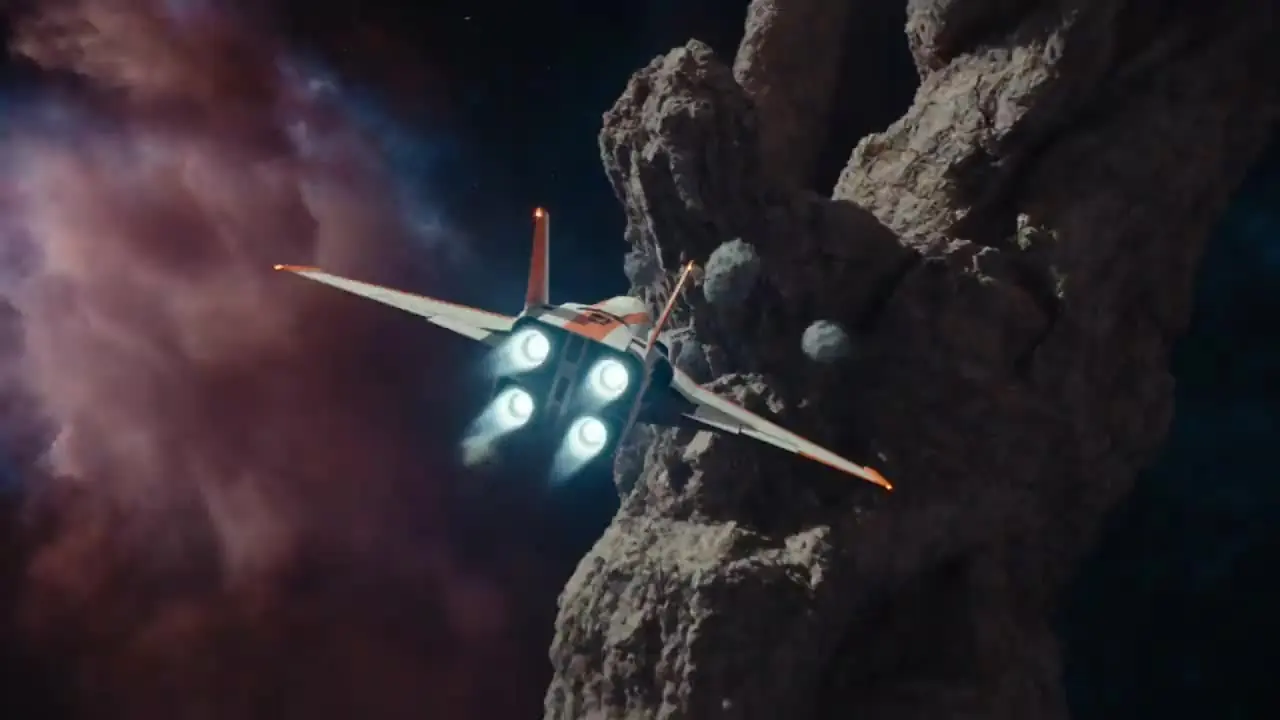 Fighter craft with four glowing engines banking past an asteroid in deep space